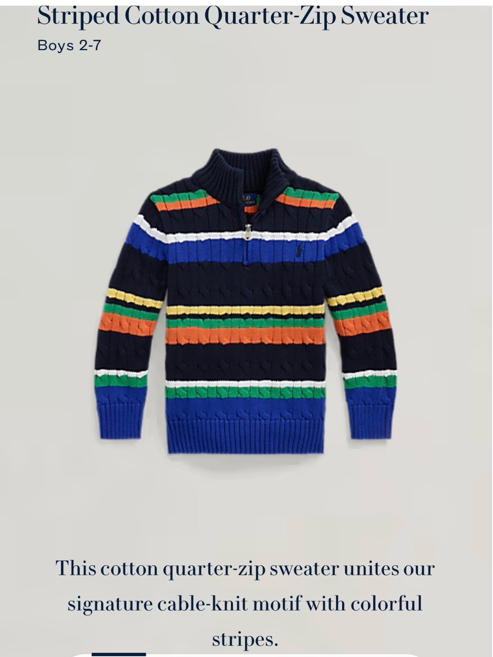 Polo by Ralph Lauren Navy Cable-Knit Quarter-Zip Sweater with Multicolor Stripes